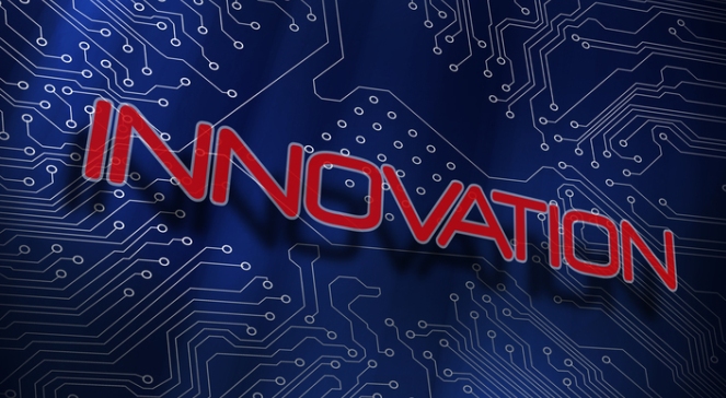 Innovation against blue technology background